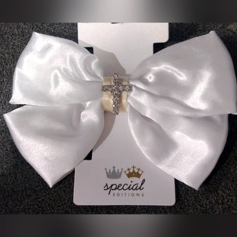 Satin Hair Bow W/Cross Charm